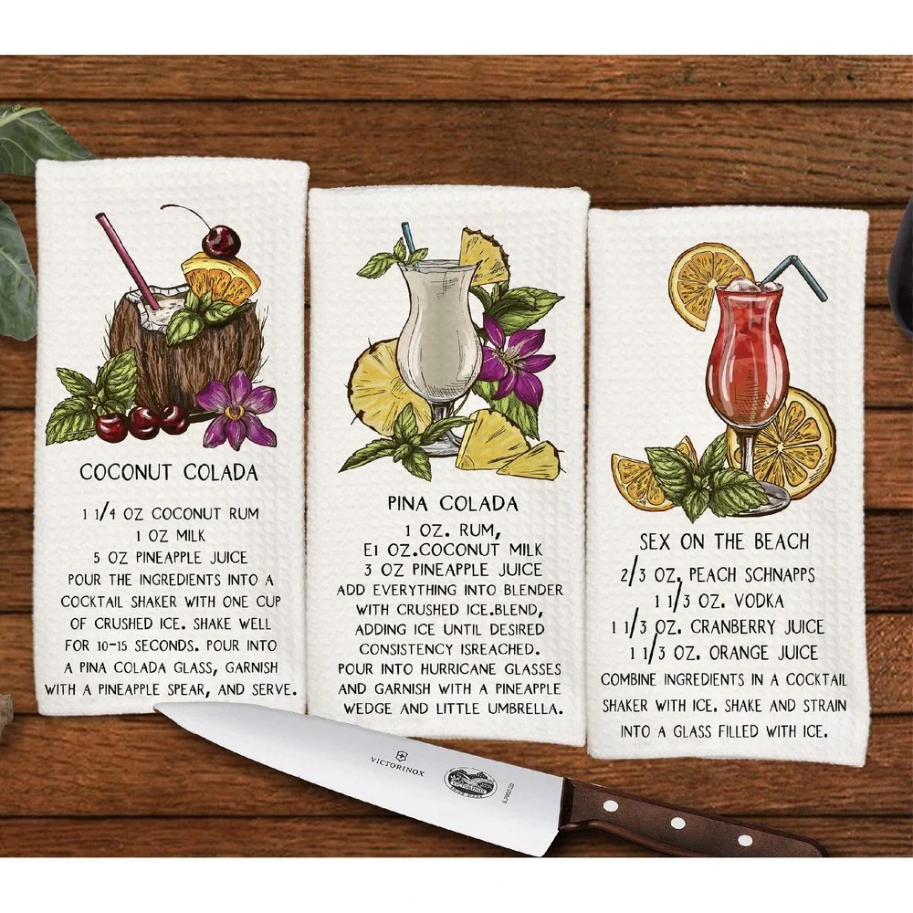 Tropical Cocktail Beverage recipe Bar towel set, Gift for Dad, Dish Towel, set 1